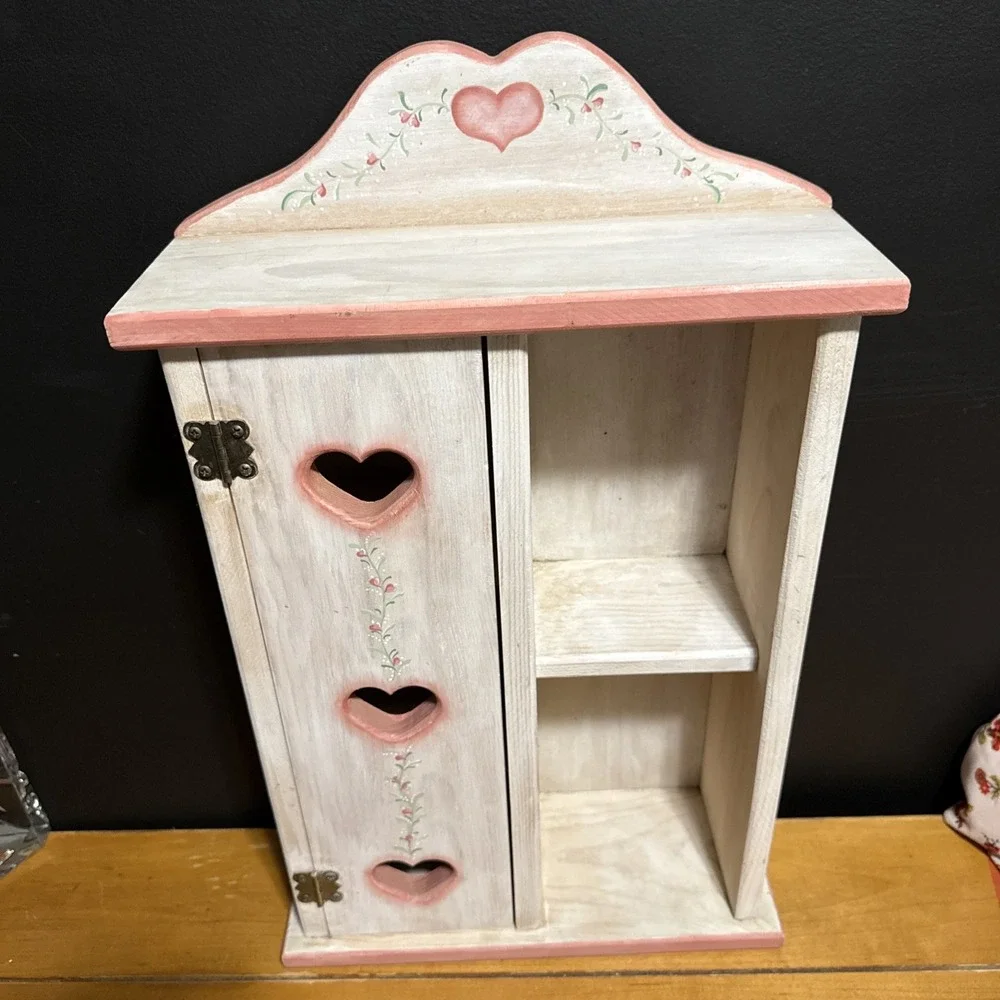 Vintage Pink And White Heart Cutout Wood Storage Hutch  Shelf Cottagecore